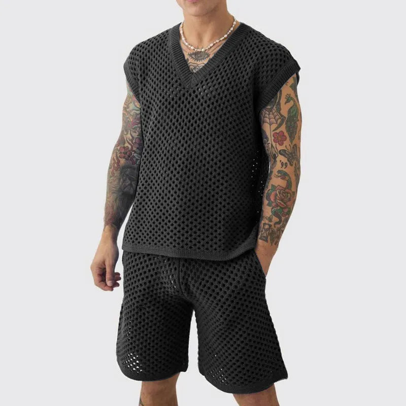 Men's blue knitted V-neck vest and matching shorts suit for summer sports