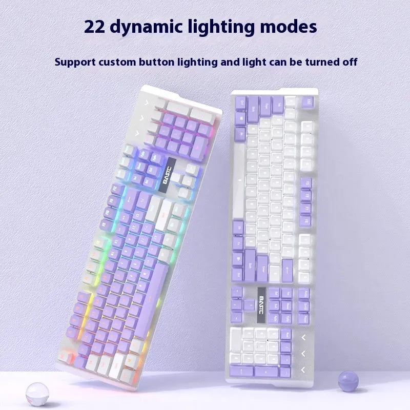 Purple and white mechanical keyboard, gaming mouse, and headset combo set with backlight on desk