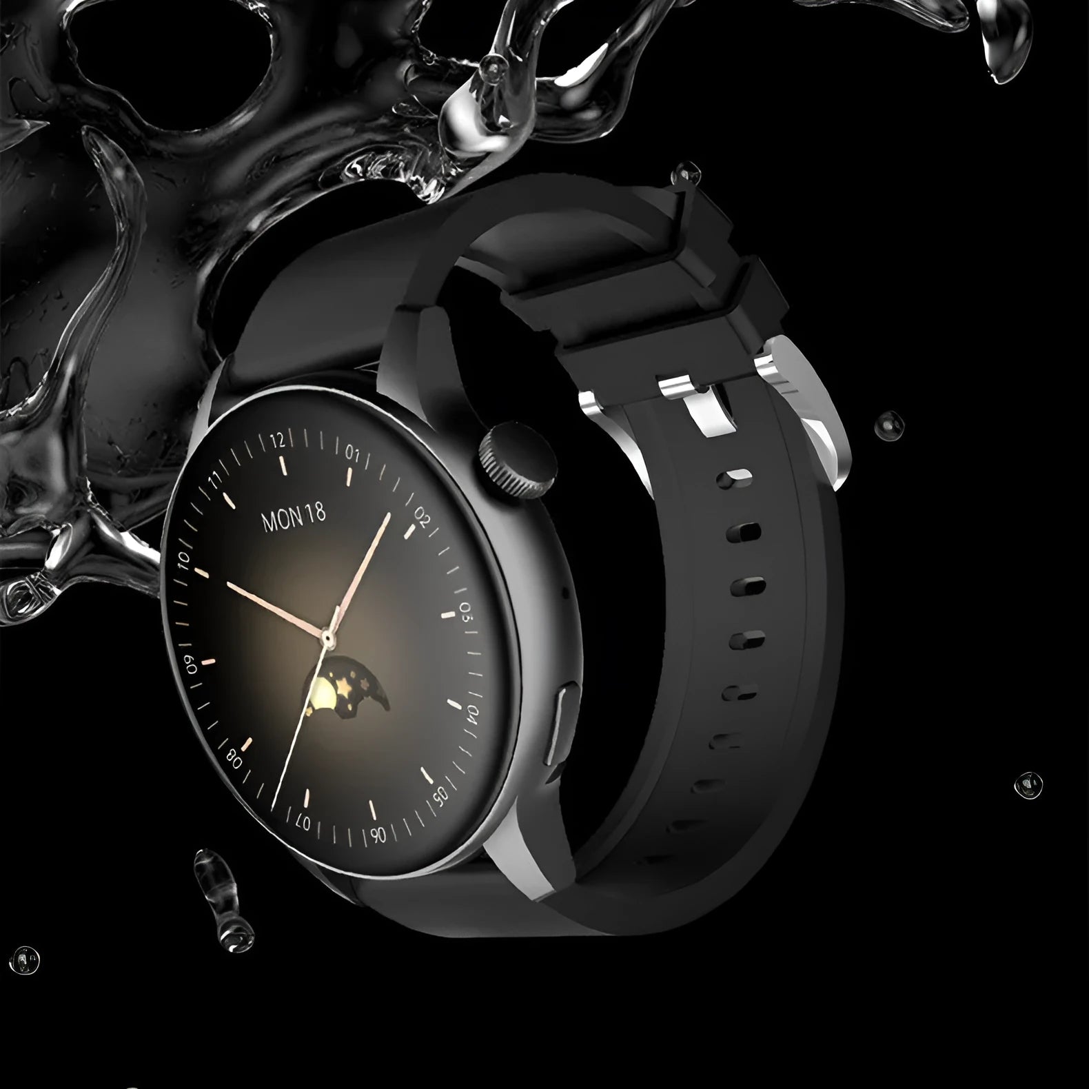 Smart watch with a colour touchscreen display and stainless steel case, shown in black, pink, or silver.