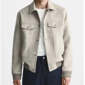 British style suede velvet commuter jacket in light grey or mink colour with long sleeves.