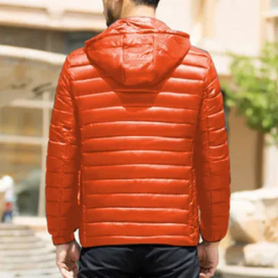 Men's stand collar winter coat in solid colour with zippered pockets, nylon fabric, 65cm length