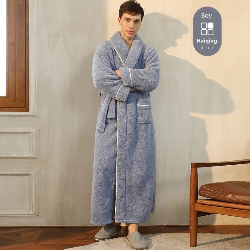 Men's and women's thick flannel bathrobe couple set in winter colours with extended plus sizing