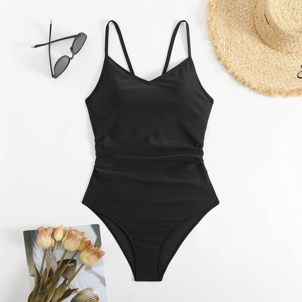 Solid color ring one-piece swimsuit for women in rose red, sleeveless, with polyester lining
