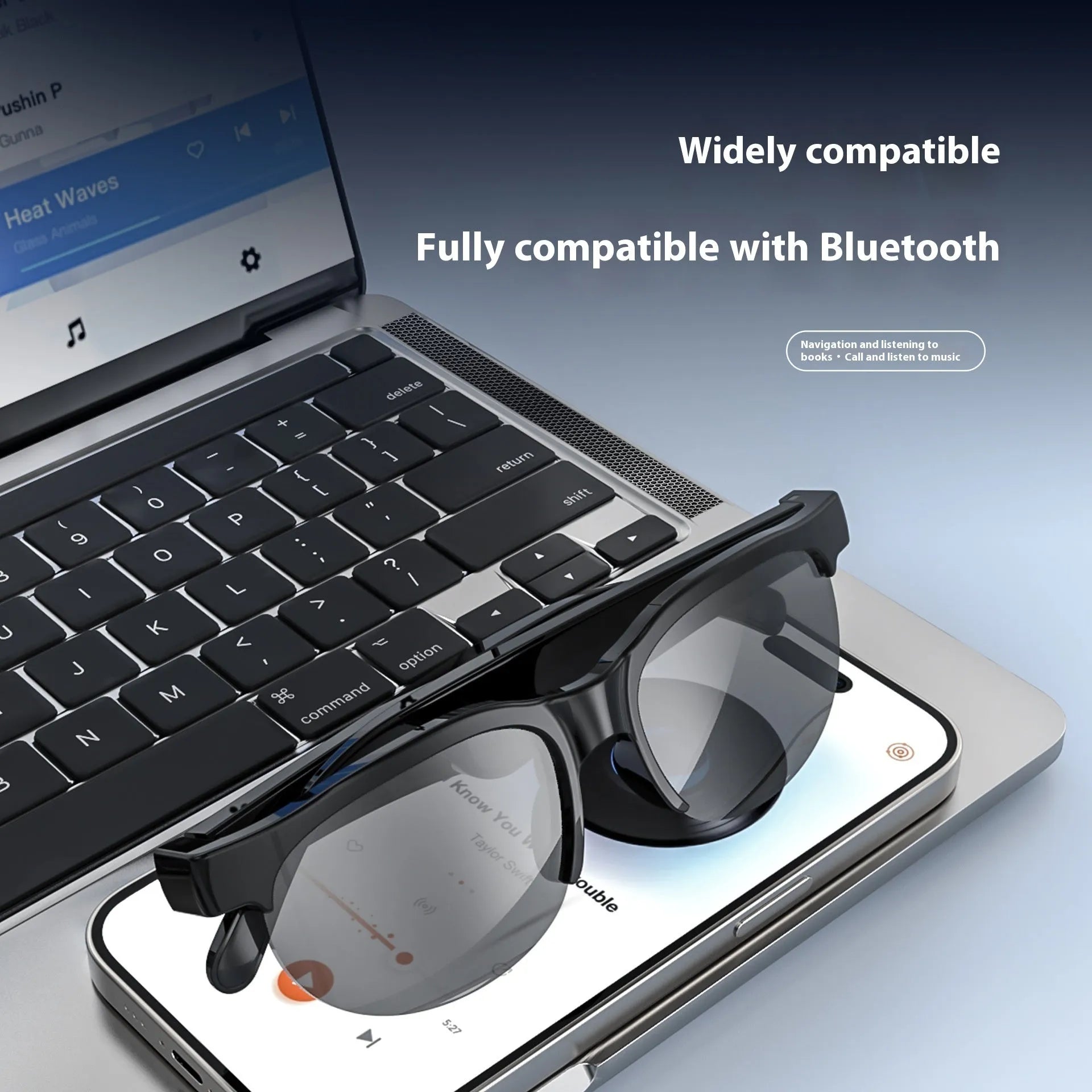 Black smart glasses with UV and blue light protection, PC ABS frame, Bluetooth, XG88 or XG88PRO model