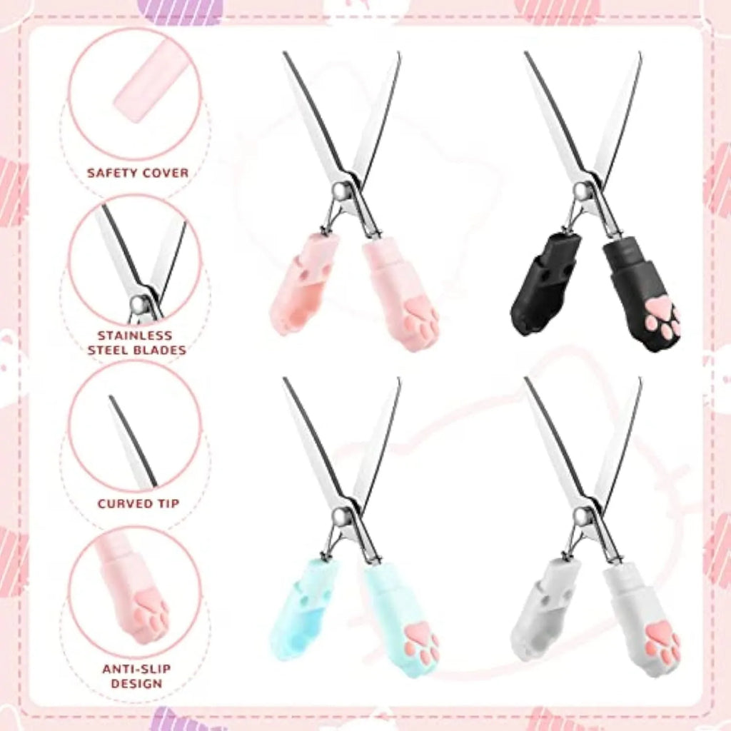 Cat paw design mini folding scissors in pink, white, black, or blue colour options