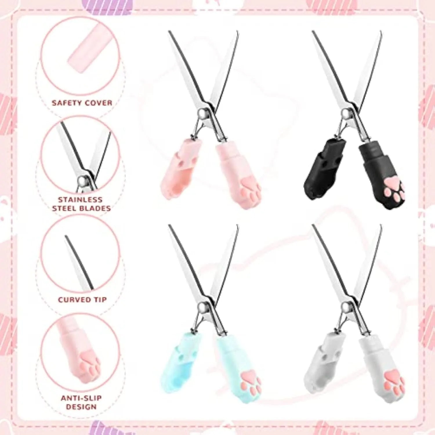 Cat paw design mini folding scissors in pink, white, black, or blue colour options