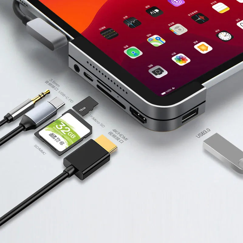 Silver aluminium grey 6-in-1 USB-C docking station for iPad Pro tablets with HDMI port and multiple connectors