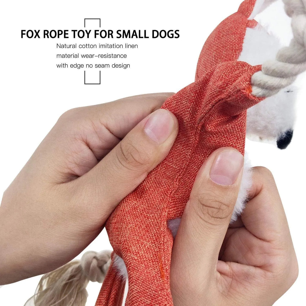 Brown fox plush dog toy with embroidered eyes, cotton rope arms and legs with knots