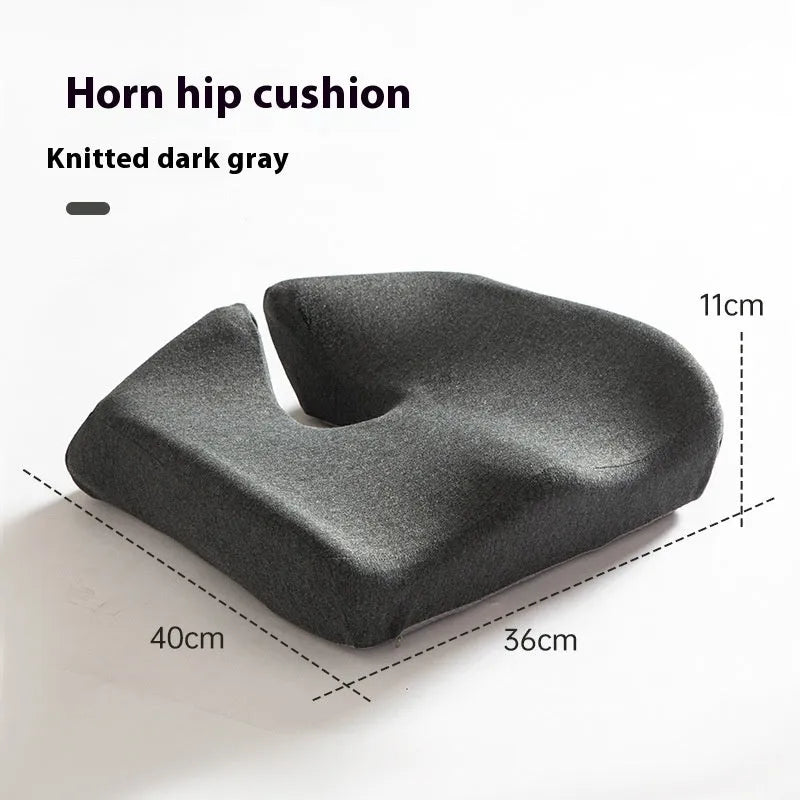 Memory foam office chair cushion measuring 36x40x11cm in dark grey with solid colour polyester cover.
