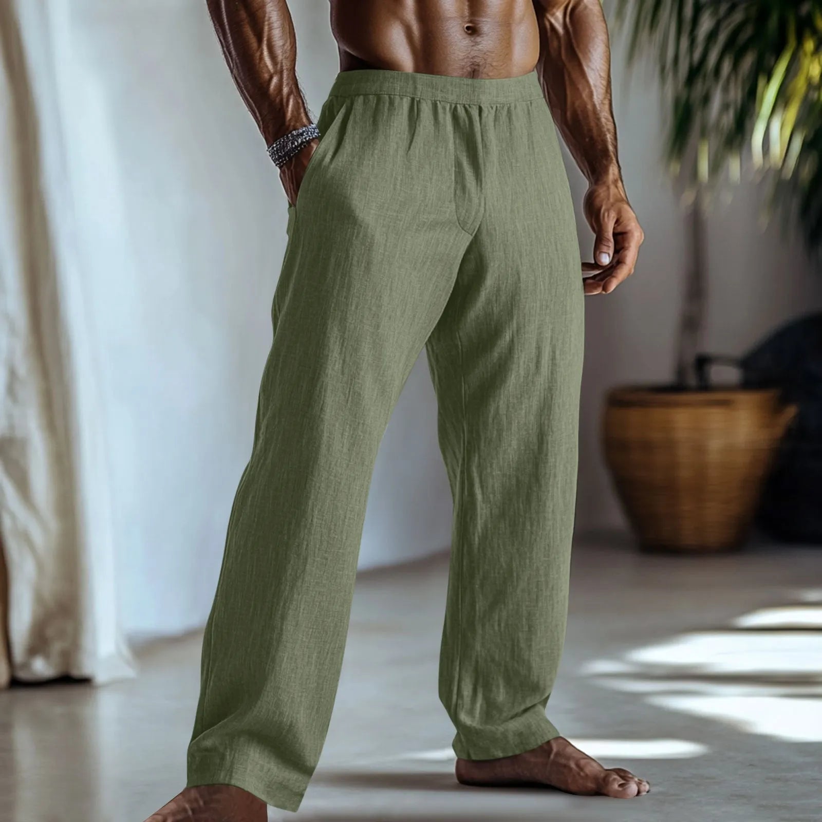 Cotton and linen straight leg trousers in British casual style with front pockets