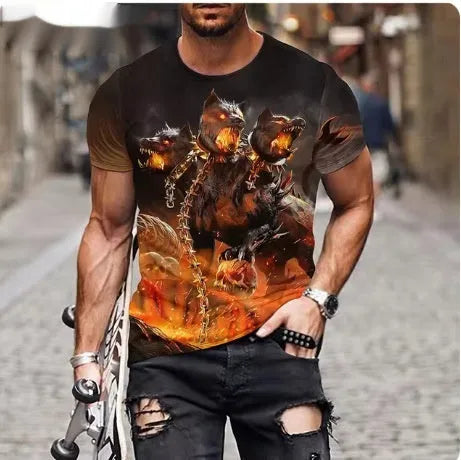 Men's grey T-shirt with a raised 3D print of a fierce lion's face on the front.