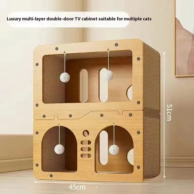 Double layer cat scratching board with integrated nest in owl and cat head design styles