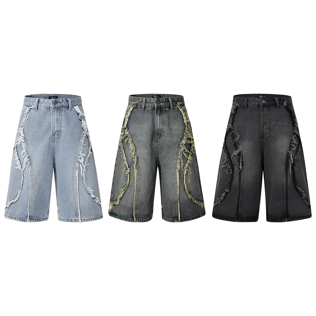 Man wearing distressed light blue denim shorts with raw edge hem and straight hip hop cut.