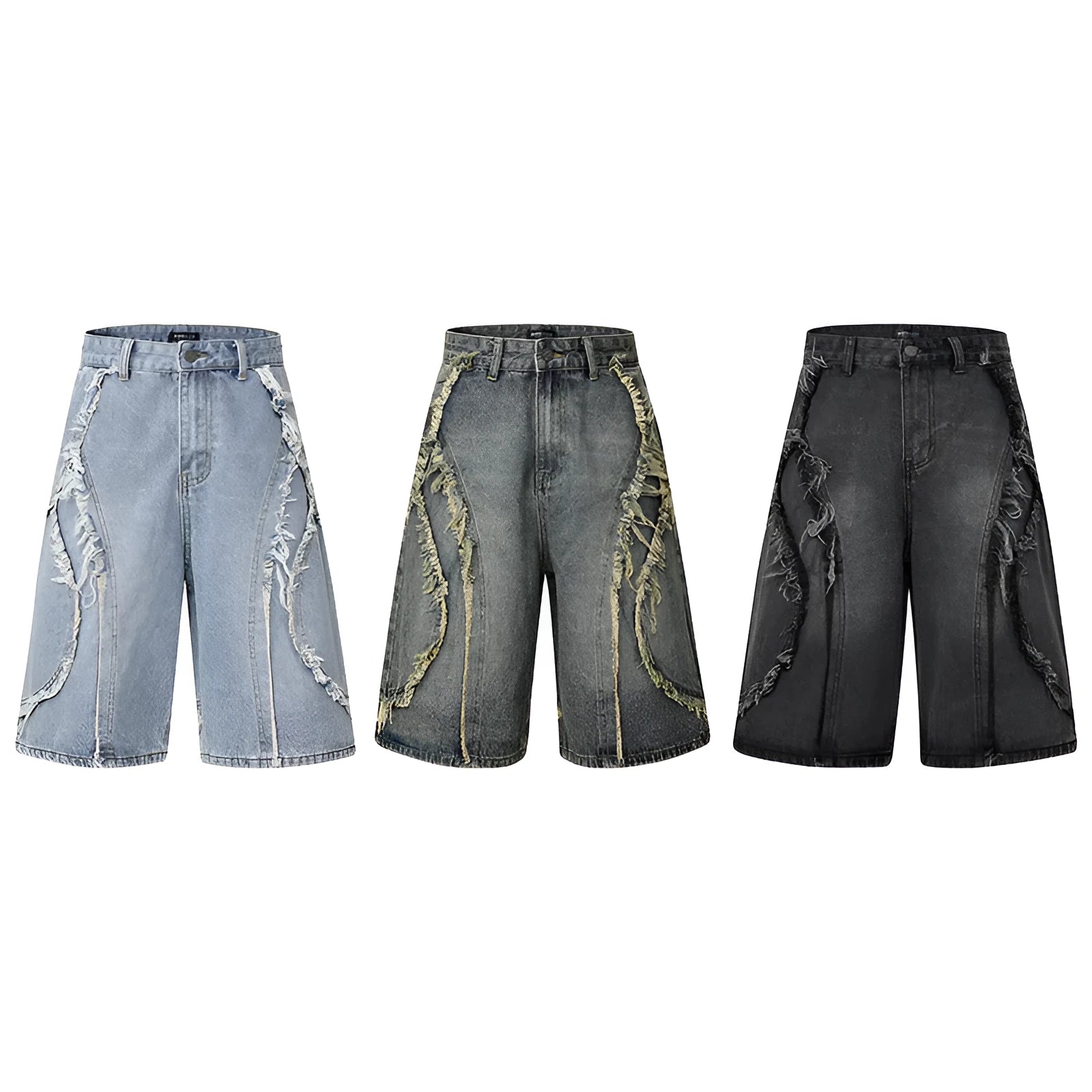 Man wearing distressed light blue denim shorts with raw edge hem and straight hip hop cut.