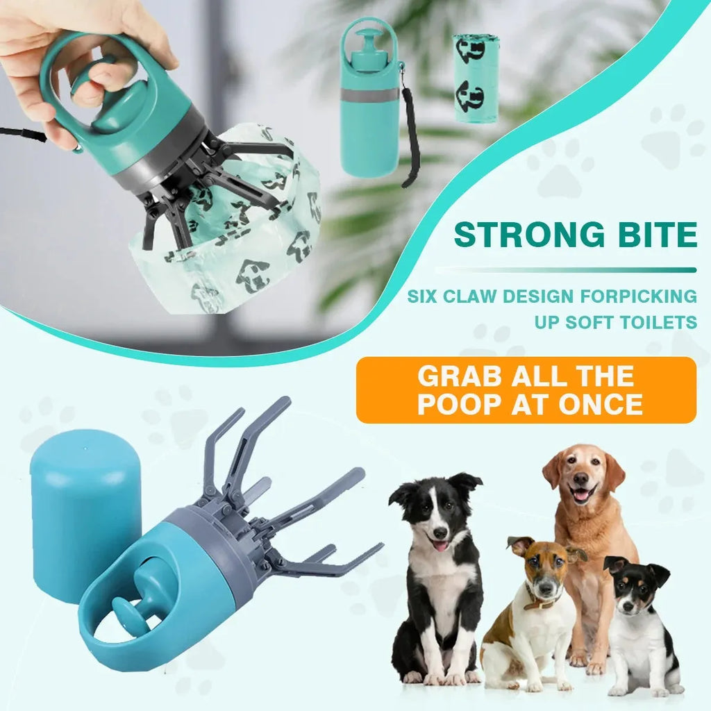 Blue plastic pet pooper scooper with claw mechanism and built-in garbage bag dispenser for outdoor waste collection