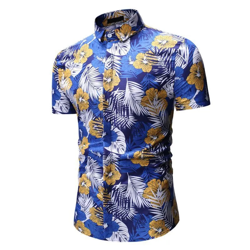 Men's summer beach short-sleeved floral shirt with square collar in blue polyester fibre