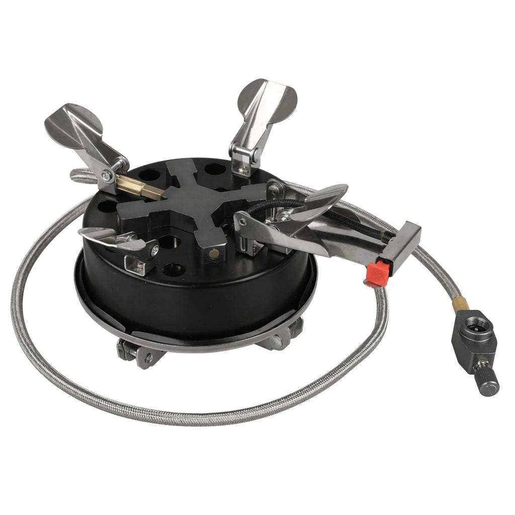 Silver stainless steel split camping stove with foldable design and 100cm gas hose