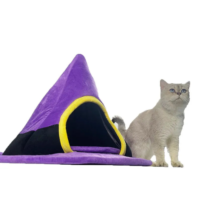 Purple witch hat shaped cat bed for pets, dimensions 60cm by 45cm