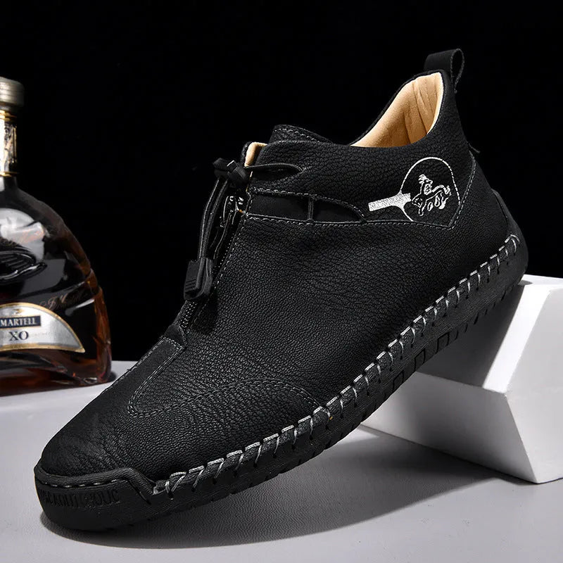 Men's casual leather shoes in khaki with round toe, mid heel, and reinforced leather upper.