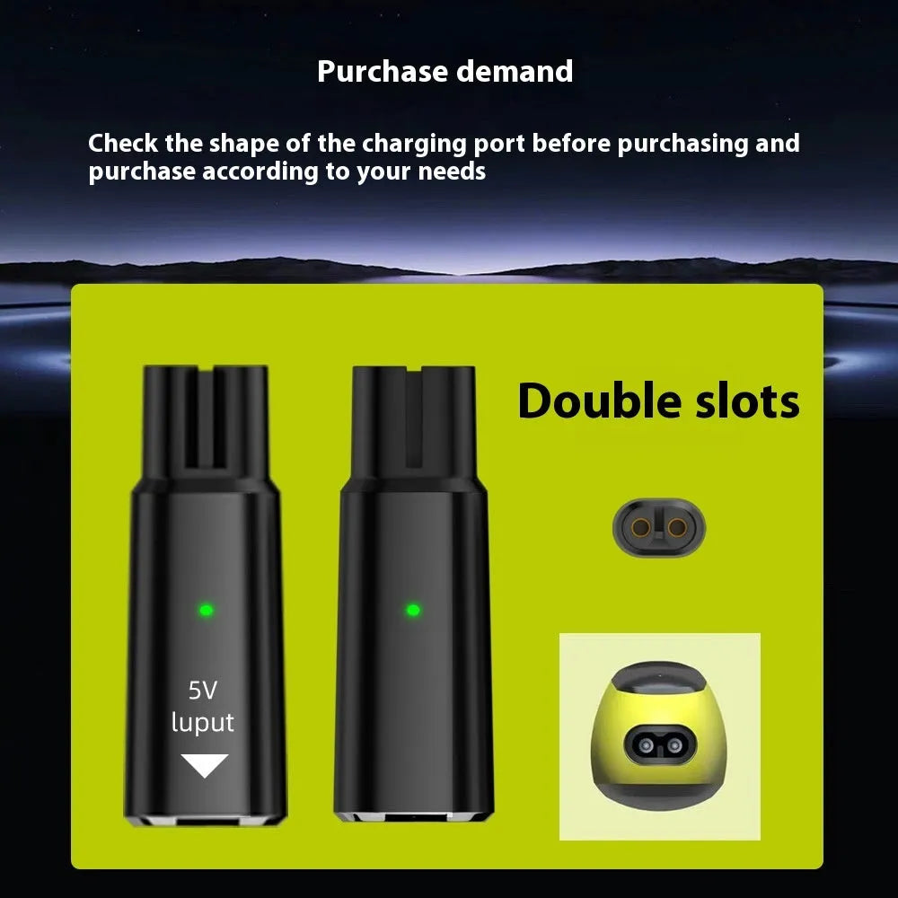 Black USB-C charging adapter for electric shavers with aluminium alloy case and 4.3V 8W output.