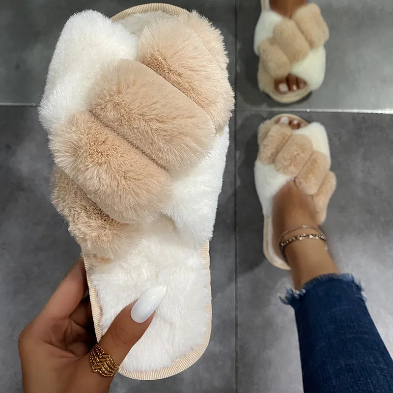 Women's furry open toe slippers with plush upper and TPR sole in green