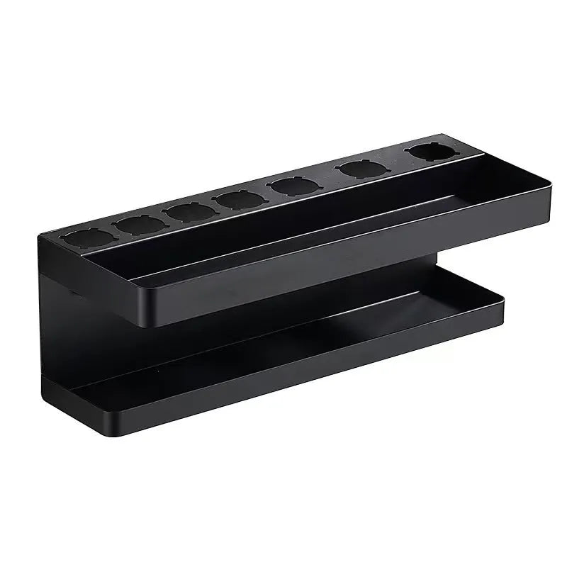 Aluminium punch-free bathroom storage rack holding 7 hair curlers in Marcel waver shape