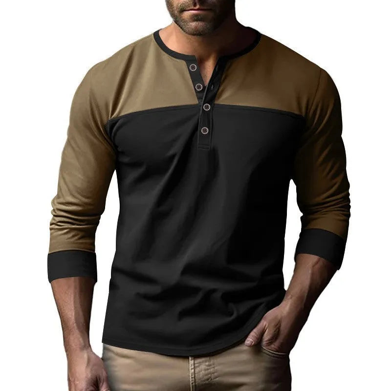 Men's long-sleeve henley collar casual shirt in a retro colour-block design