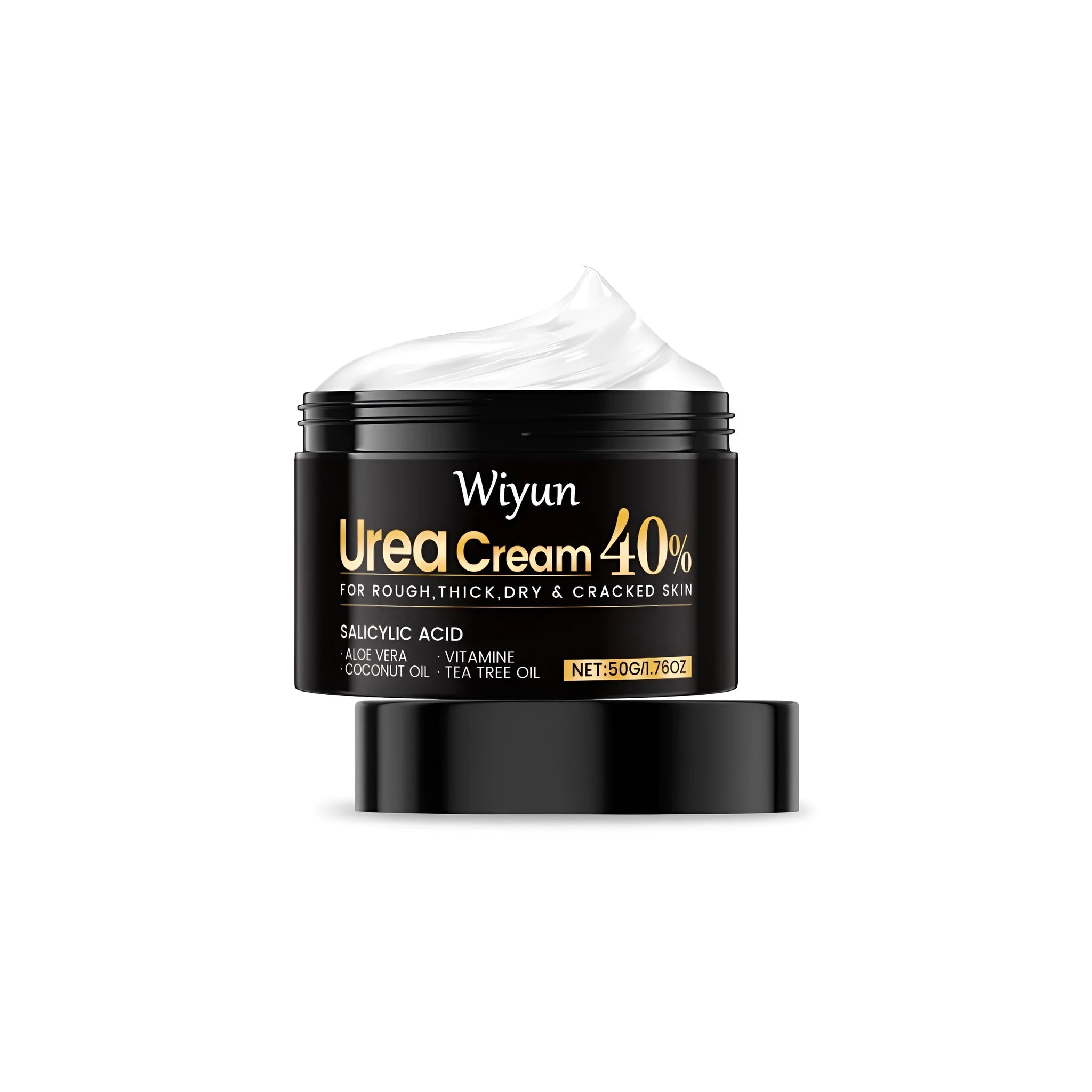 50g jar of urea cream for hand and foot care with salicylic acid, coconut oil and aloe vera.