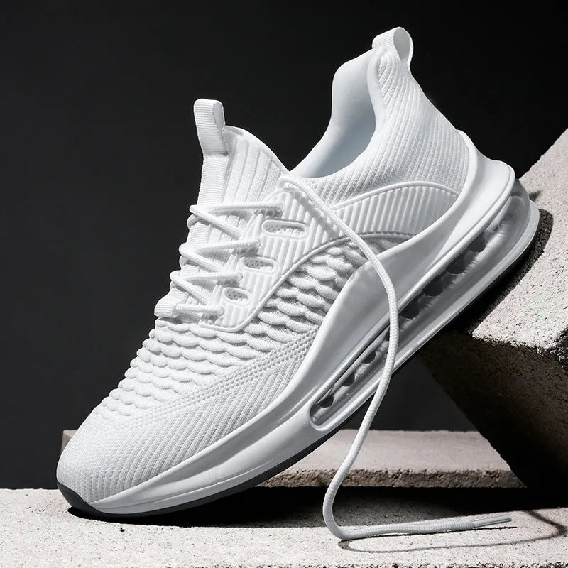 Men's black mesh running shoes with round toe and lace-up front for summer sports