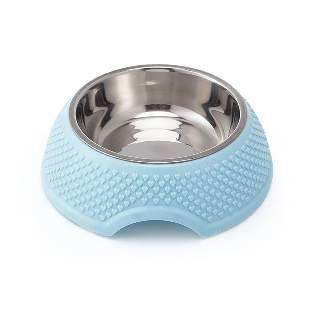 Square stainless steel pet bowl with a non-slip base in blue, green, and pink colour options