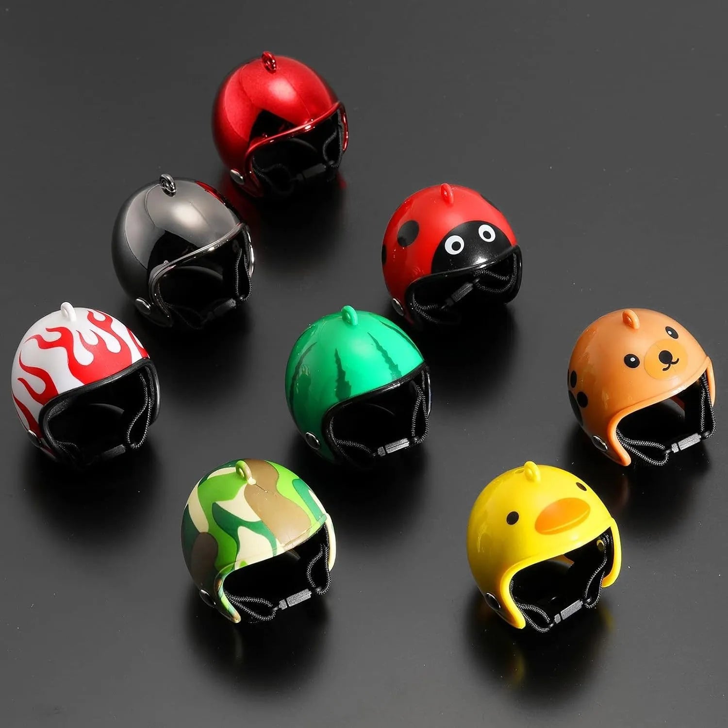 Small adjustable plastic safety helmet for a chicken or bird, shown in a fun design.