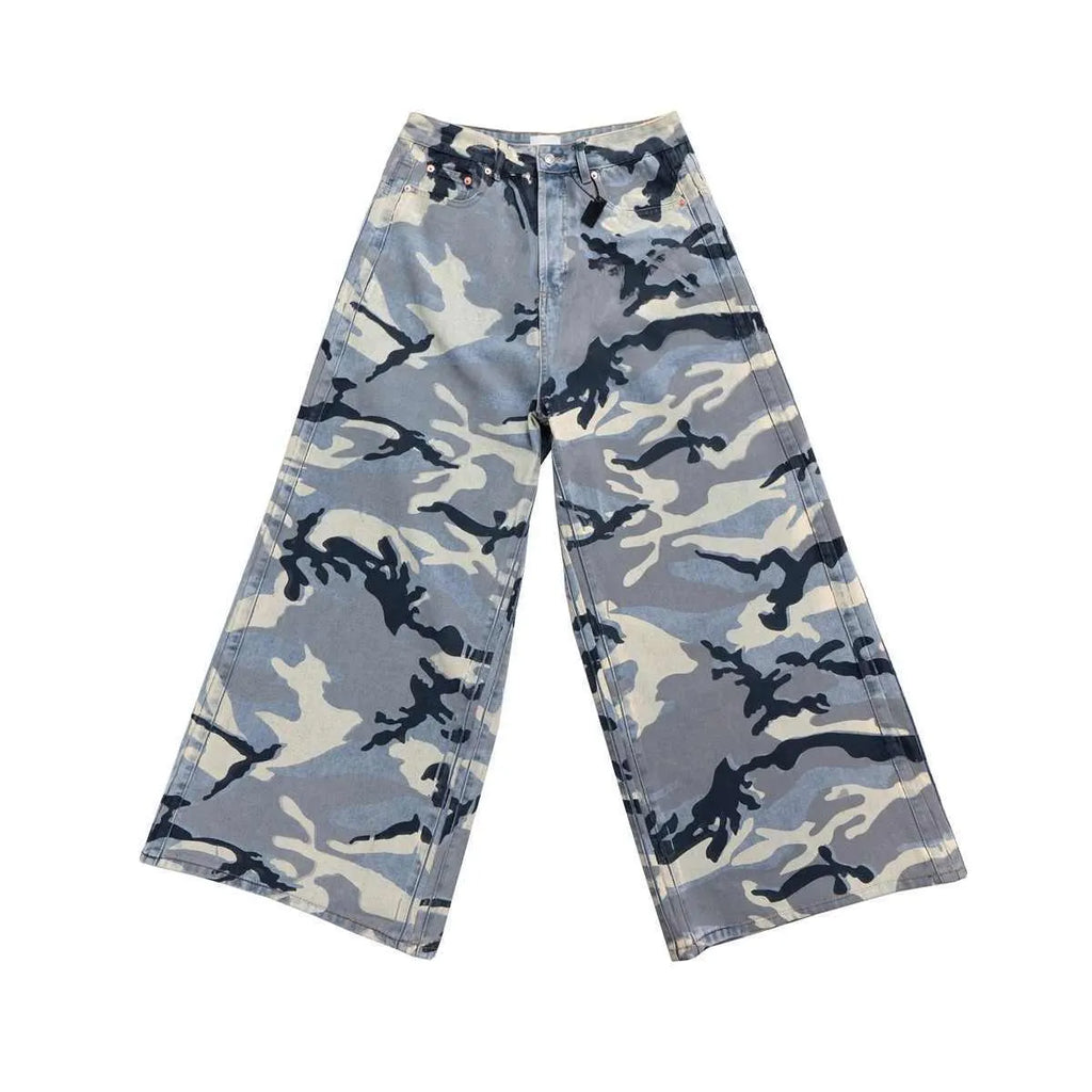 Snow camouflage blue loose-fit denim jeans laid flat, showing mid waist and trouser cut.