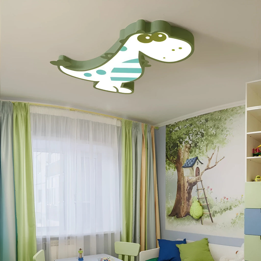 Children's ceiling light with cartoon dinosaur shade and dimmable green or pink light
