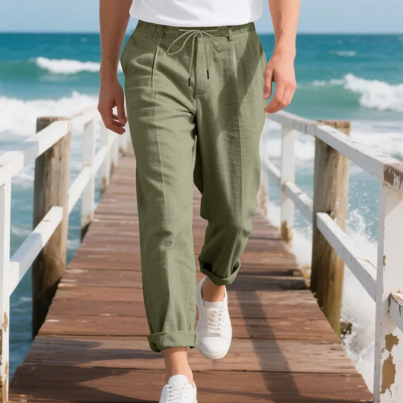 Men's linen straight leg trousers in army green with drawstring waist