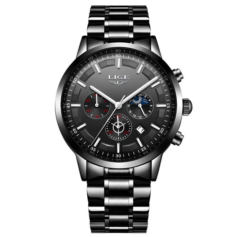 Men's waterproof quartz sports watch with 12mm case in black and rose red gold colour