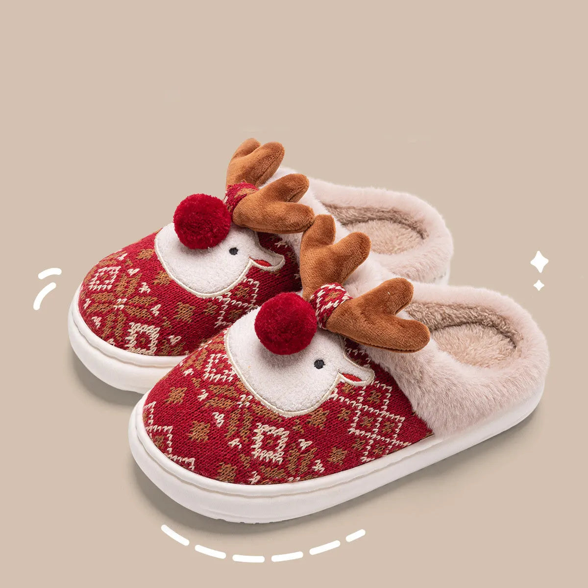 Cute Christmas elk plush slippers in Christmas Red with non-slip sole for women winter home use