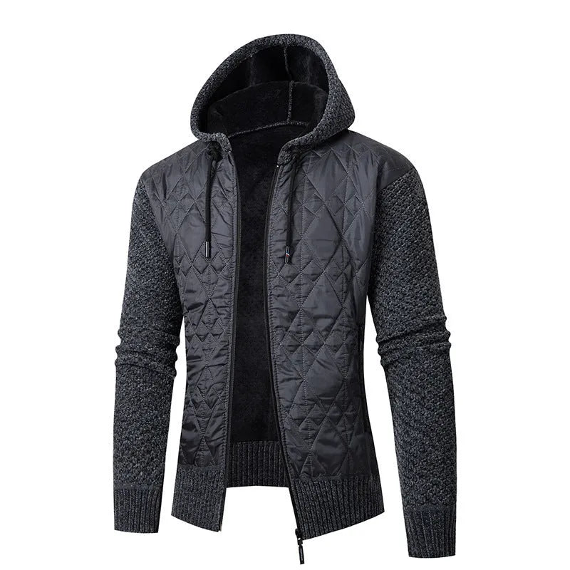 Men's grey hooded sweater coat in wool and corduroy with cinched cardigan style for winter