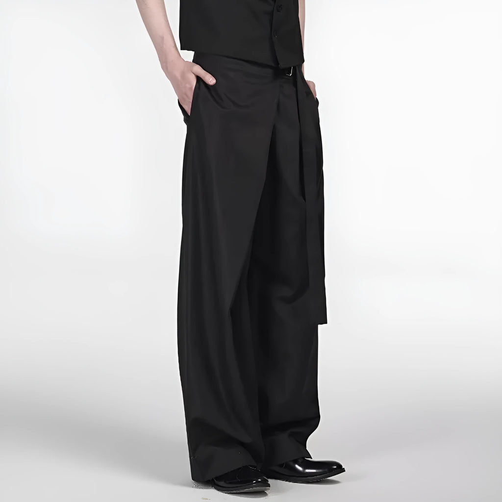 Black straight-leg trousers with single pleated cut and adjustable waist