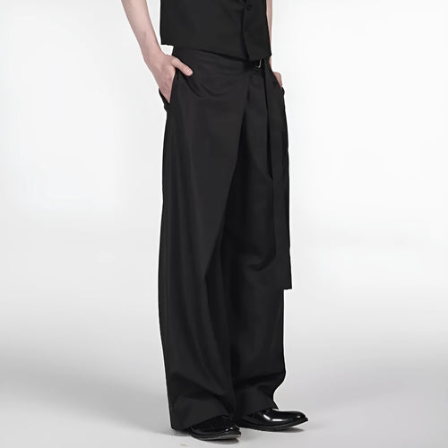 Black straight-leg trousers with single pleated cut and adjustable waist