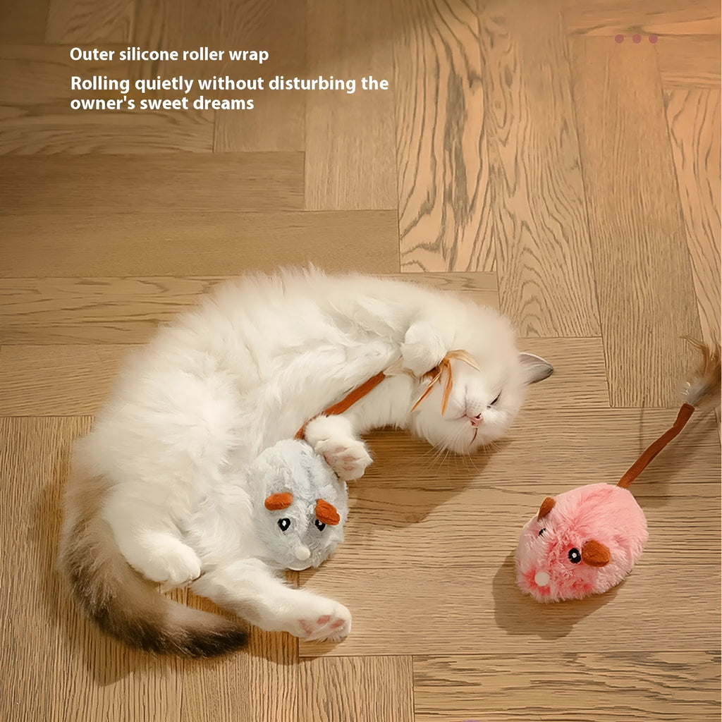 Rechargeable electric cat pole toy with a pink plush mouse on a stand.