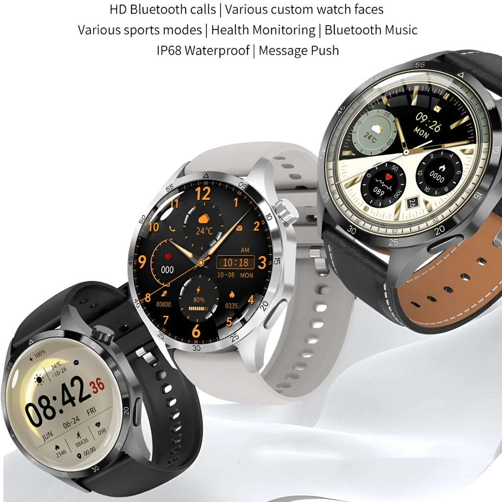 Black smartwatch with Bluetooth calling and health monitoring functions on silicone or Milan mesh strap