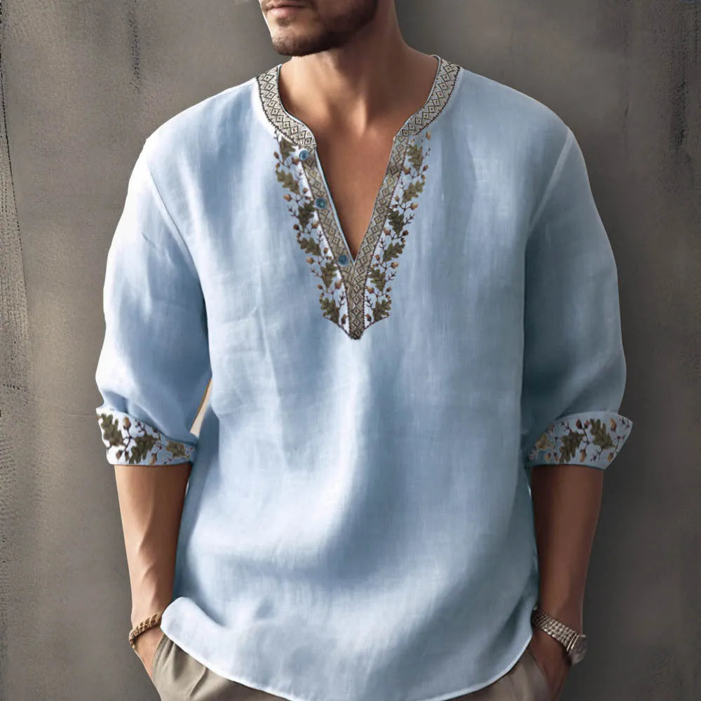 British style short sleeve shirt with stripe pattern from 3D digital thermal transfer printing on bamboo hemp fabric.