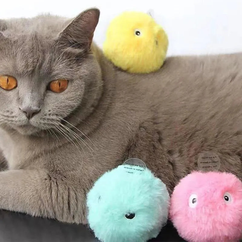 Blue, pink, and yellow interactive cat toy balls with 55mm diameter and gravity sensor trigger.