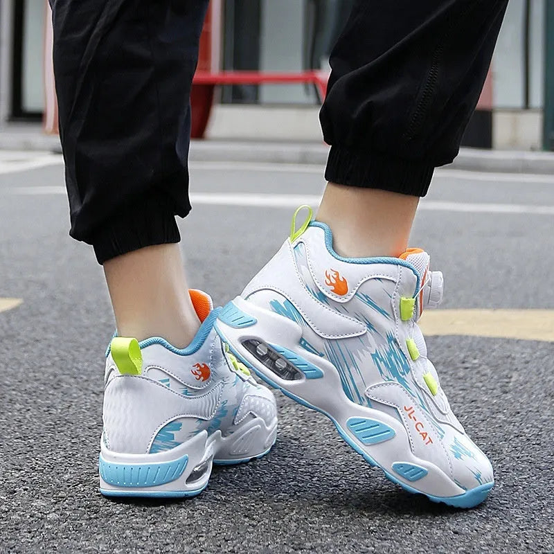 Children's rotating button closure basketball shoes in multiple colours with a PU sole.