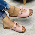 Ladies casual sandals with bow detail and fish mouth style in black, pink, and gold colours
