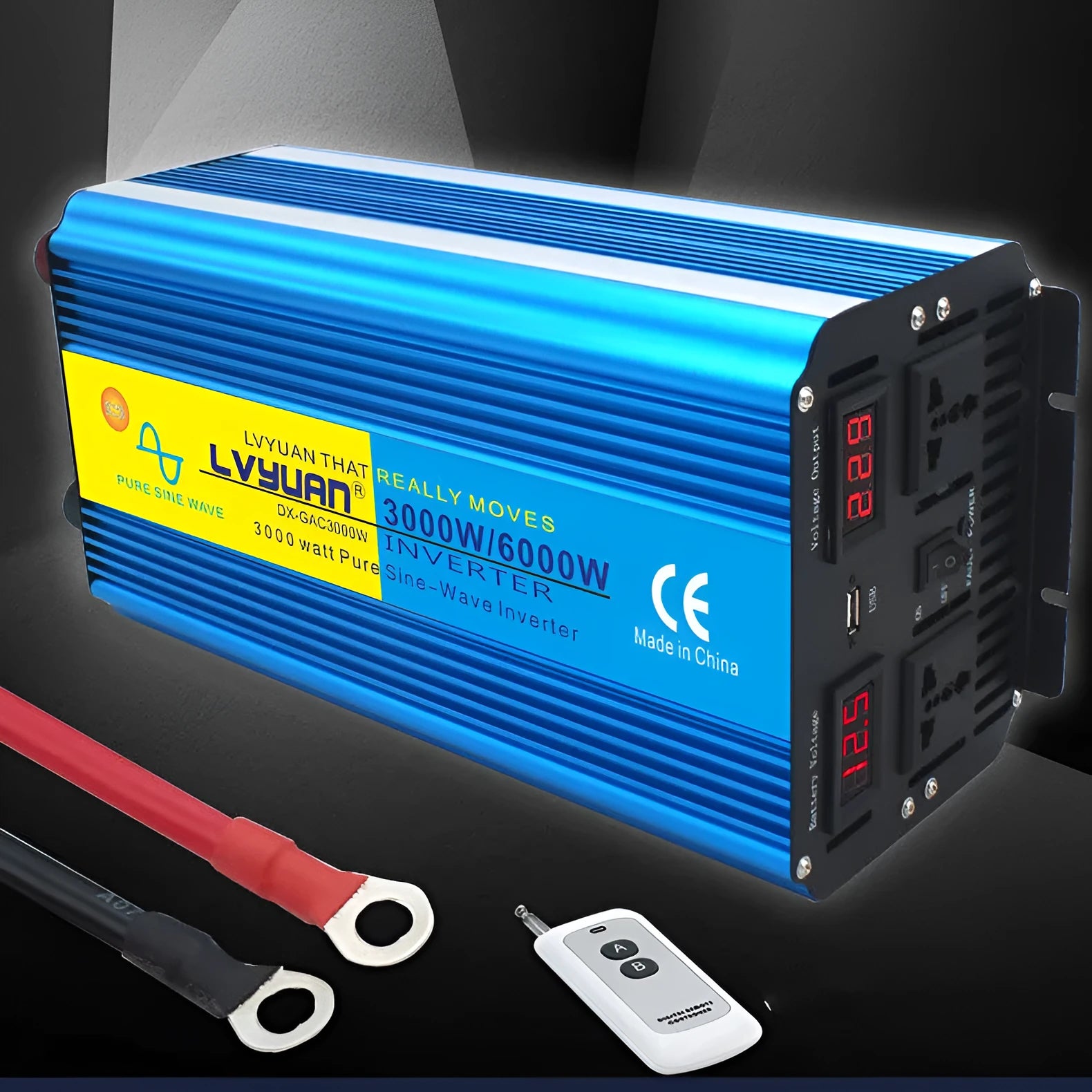 Blue 3000W dual digital display car power inverter with remote control and UK plug.