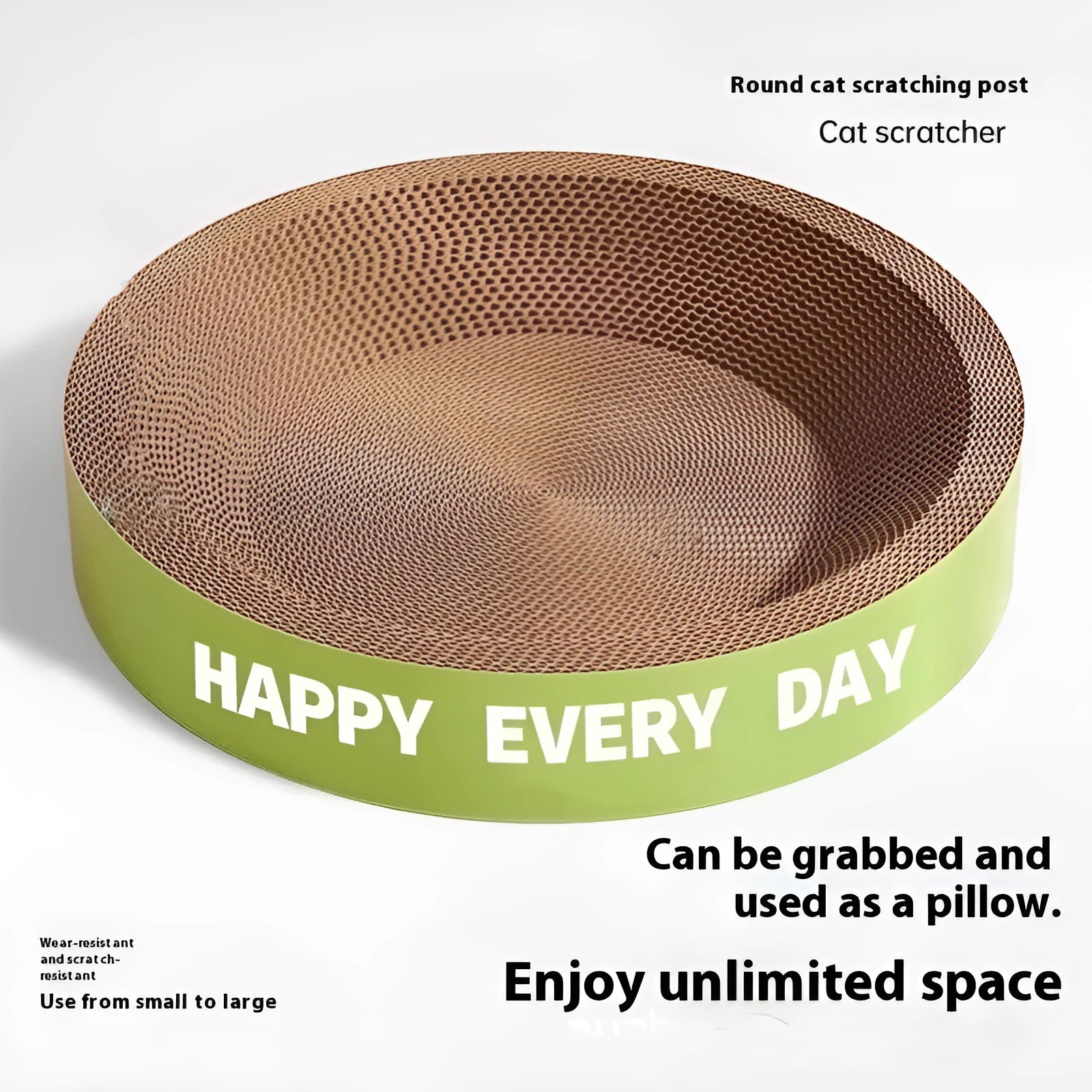 Green round cat nest with integrated scratching surface, shown in 50cm and 55cm size options.