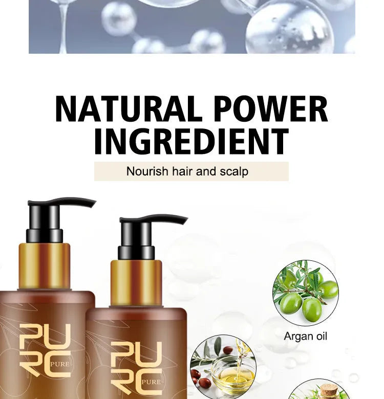 PURC Ginger Biotin Hair Care Set with 300ml shampoo, 300ml conditioner, and 30ml essential oil in white bottles