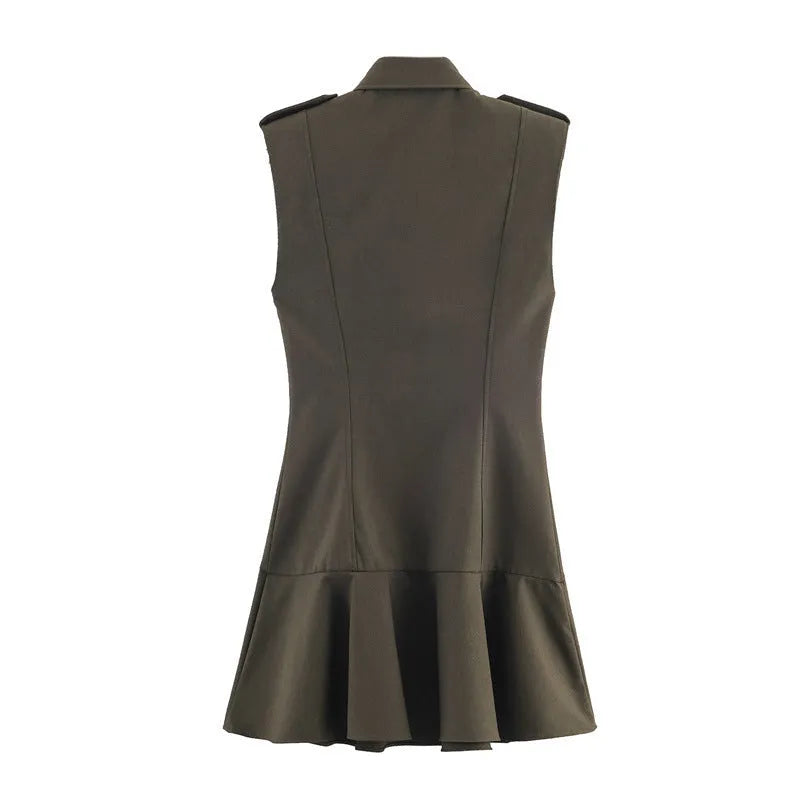 Women's short dress with padded shoulder laminated decoration, striped pattern, asymmetric hem, long sleeves, mid waist