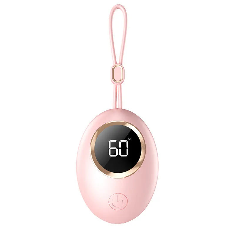 USB digital display hand warmer power bank in pink colour showing aluminium heat dissipation design.
